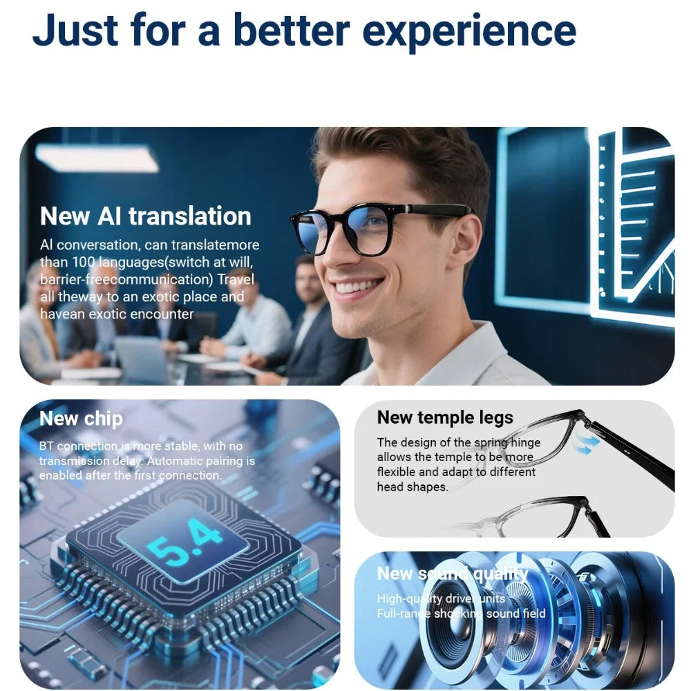 Bluetooth Smart Glasses AI Translation Object Recognition with Camera for Taking Photos Voice Assistant Calling and Music