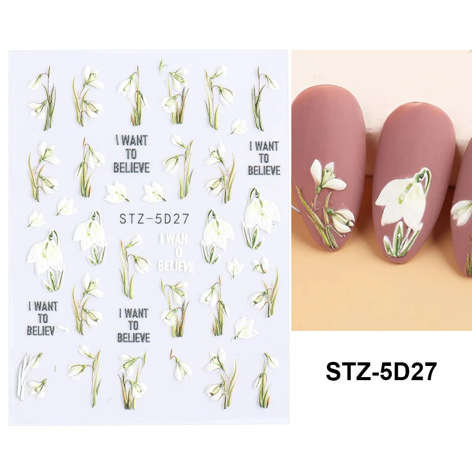 5D Belt Nail Sticker Summer Nail Art Decals Flowers White Daisy 3D Manicure Nail Gel Self Adhesive Stickers Designs Decorations