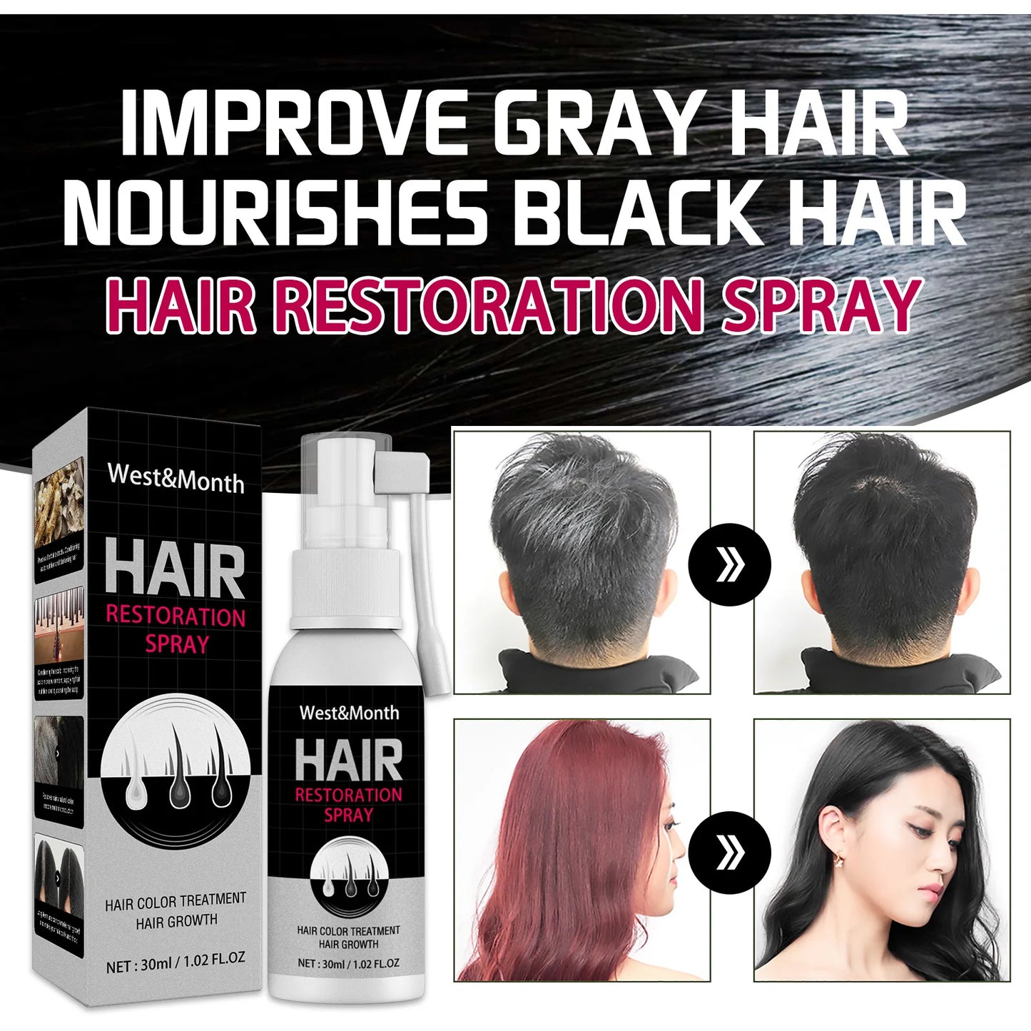 Anti White Hair Spray Treatment Serum Hair Growth Spray Restoration Black Hair Anti Hair Loss Repair Hair Loss Product 30ML
