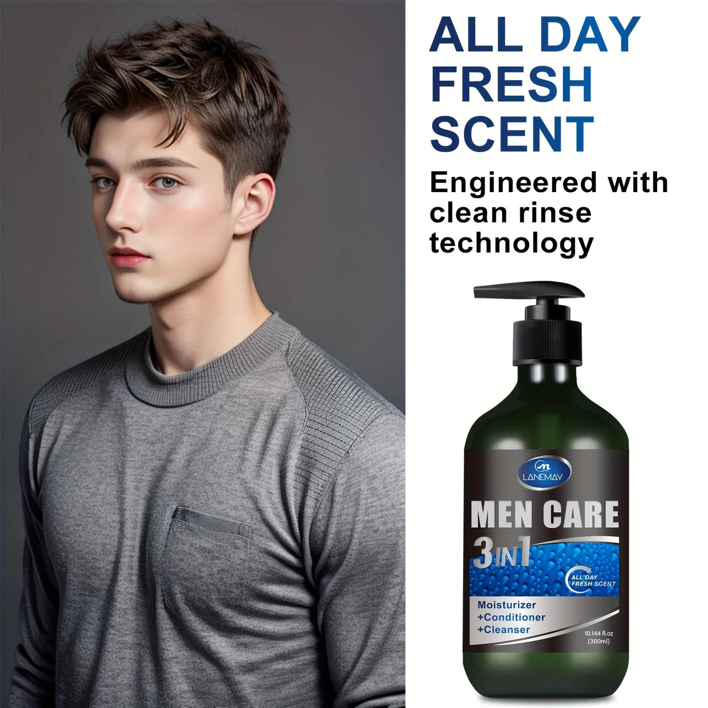 Men 3-in-1 Body, Hair and Face Wash, Rebuild Light Beige in the Shower with Plant-Based Cleansers and Moisturizers