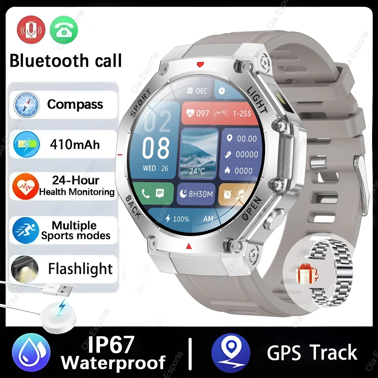 T-Rex 3 GPS Smart Watch 5ATM Waterproof 1.43 inch AMOLED HD Screen BT Call Flashlight Military Sport Smartwatches Men 2025 New