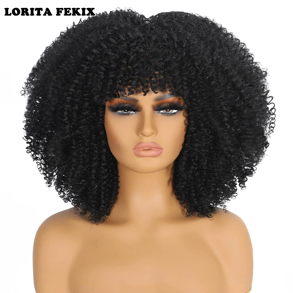 Curly Afro Wigs for Black Women Synthetic Afro Kinky Curly Wig with Bangs Heat Resistan Short Kinky Curly Wigs for Daily Party