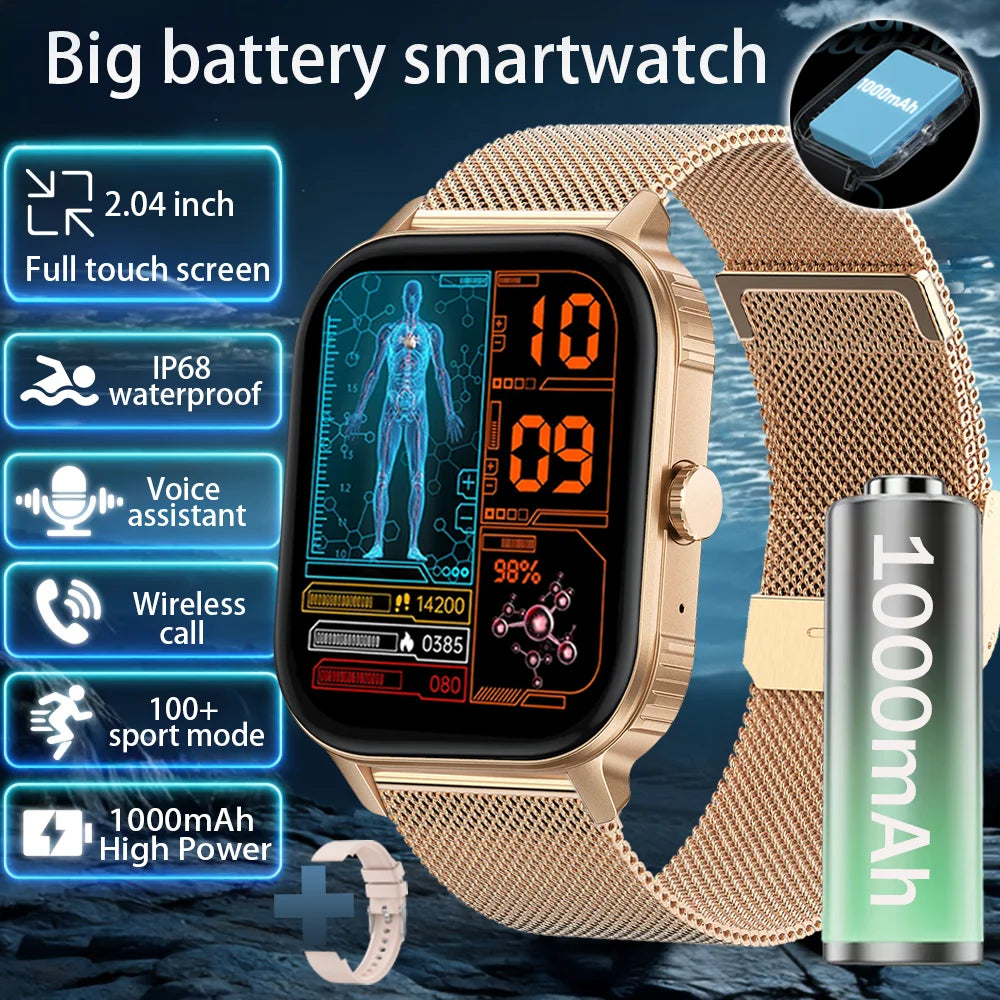 2025 new smart watch 1000MAH 2.04 inch ultra HD screen all day health heart rate detection 70+ sports IP68 waterproof BT call