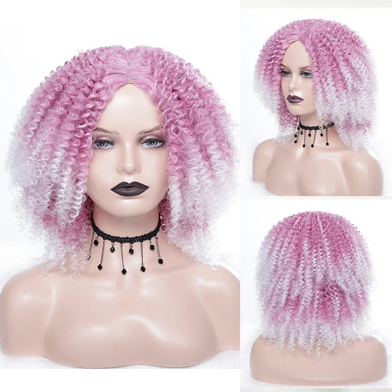 MSIWIGS Women's Short Afro Kinky Curly Wigs Ombre Brown Synthetic Middle Part Nature Hair Black Daily Party Headgear with Clips