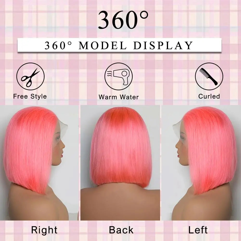 Pink Bob Wig Human Hair 13x4 Bone Straight HD Transparent Lace Frontal Wig 200% Brazilian Colored Lace Front Short Bob Wigs