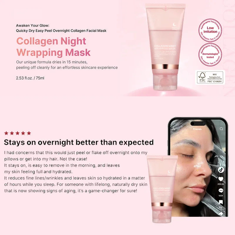 Korean Collagen Wrapping Peel Off Facial Mask Elasticity Hydration Reduces Sagging Dullness Hydrolyzed Collagen Skin Care