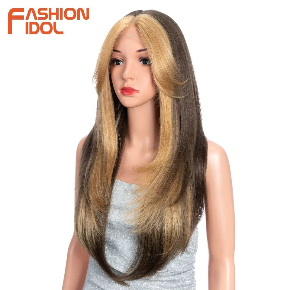 FASHION IDOL 26 Inch Yaki Straight Lace Front Wig Synthetic Hair Ombre Blonde Cosplay Wigs Heat Resistant Fiber Synthetic Hair