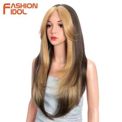FASHION IDOL 26 Inch Yaki Straight Lace Front Wig Synthetic Hair Ombre Blonde Cosplay Wigs Heat Resistant Fiber Synthetic Hair