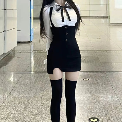 American Style Women's Spring Summer New 2023 Pleated Shirt Collar Tie Backless Hip Package Dress 2-piece Set China Origin