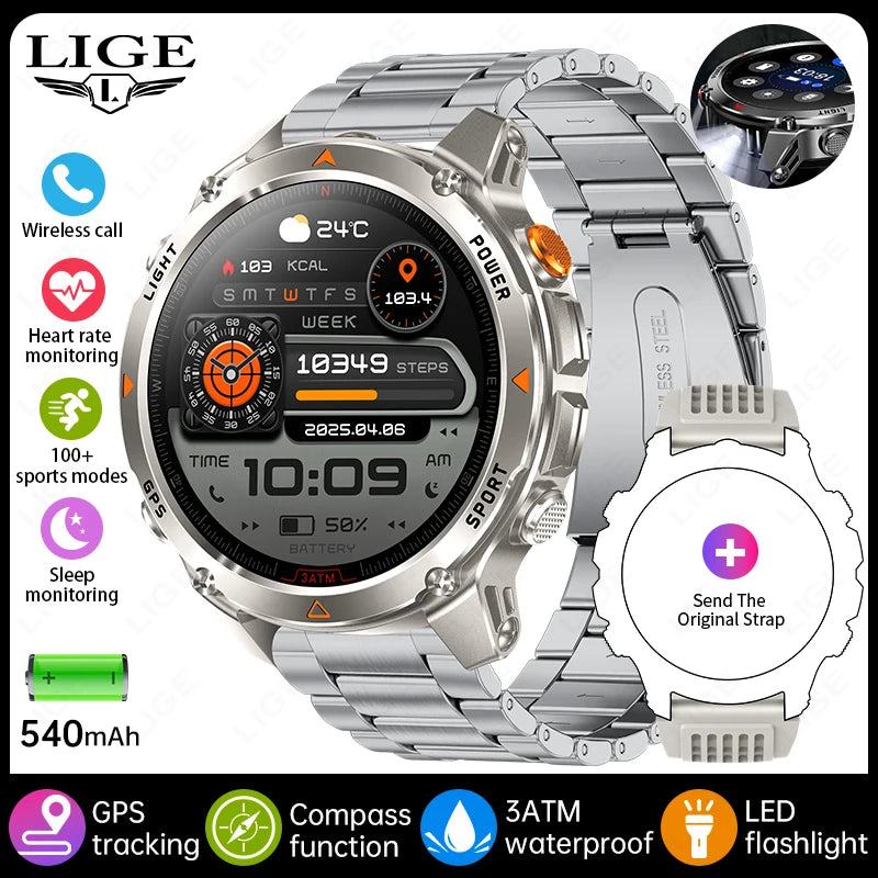 LIGE Outdoor Military Smart Watch Men 1.46" HD Screen Built-in GPS Compass Altimeter 3ATM Waterproof Clock BT Call SmartWatches