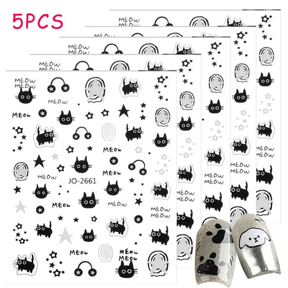 1-10PCS Y2K Black Cat Nail Stickers Kawaii Cartoon Animal Paw Sliders Nail Arts 3D Silver Stars Letters Manicure Decals Tools