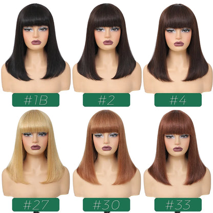 Short Bob Wig Human Hair With Bangs Straight Glueless Ready to Wear Go Wigs For Women Burgundy Machine Made Wig Brazilian Hair