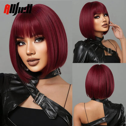 Medium Length Chestnut Brown Synthetic Wigs Middle Part Wine Red Highlights Straight Wig Heat Resistant for Women Party Cosplay