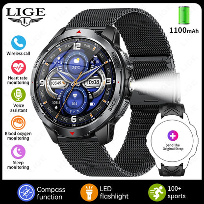 LIGE 2025 1100mAh Super Capacity Battery Adult Men Smart Watch Compass 1.7-inch Bluetooth Call 3ATM Waterproof Sports Smartwatch