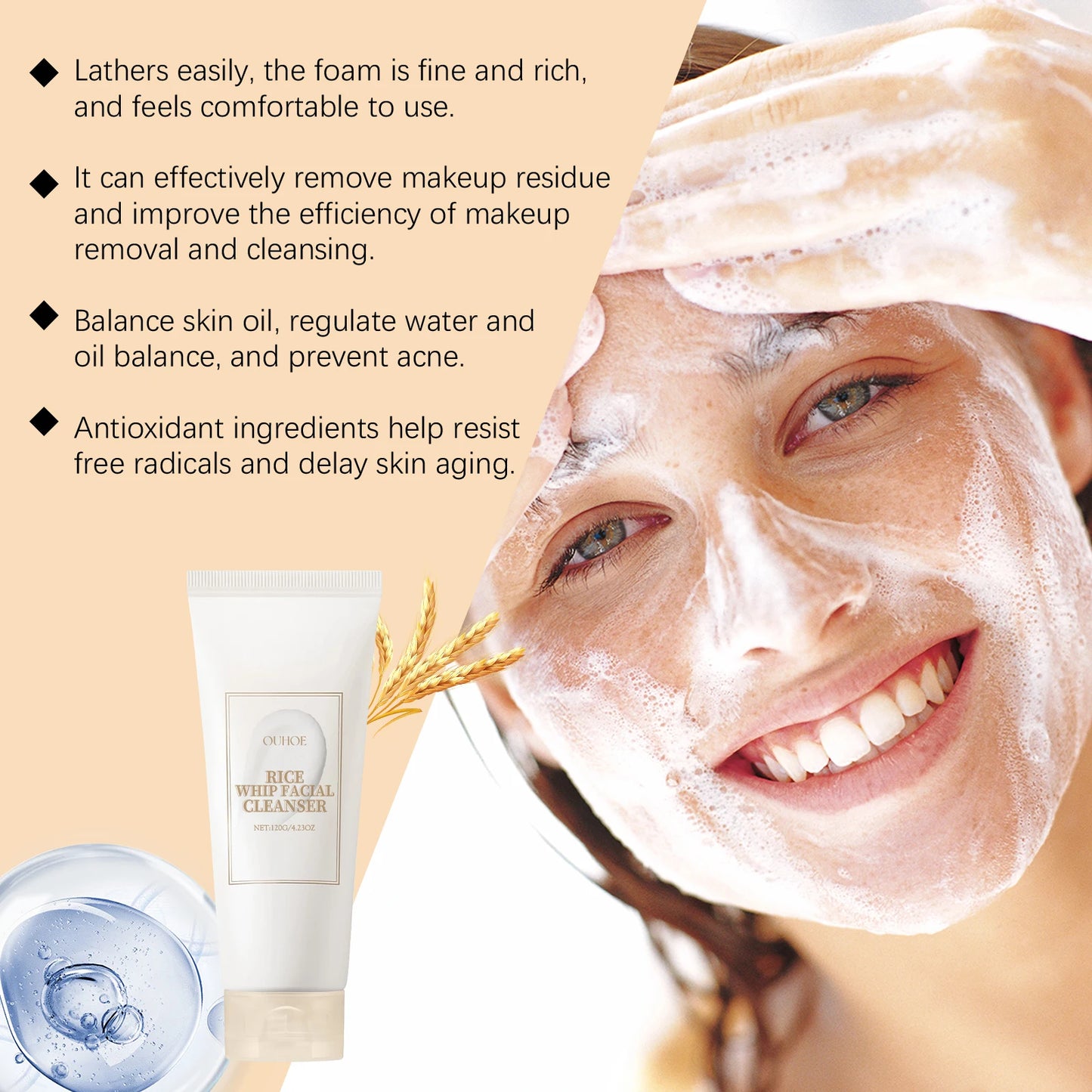 Rice Raw Pulp Facial Cleanser Face Wash Foam Pore Cleansing Moisturizing Exfoliation Brighten Skin Rejuvenation Makeup Remover