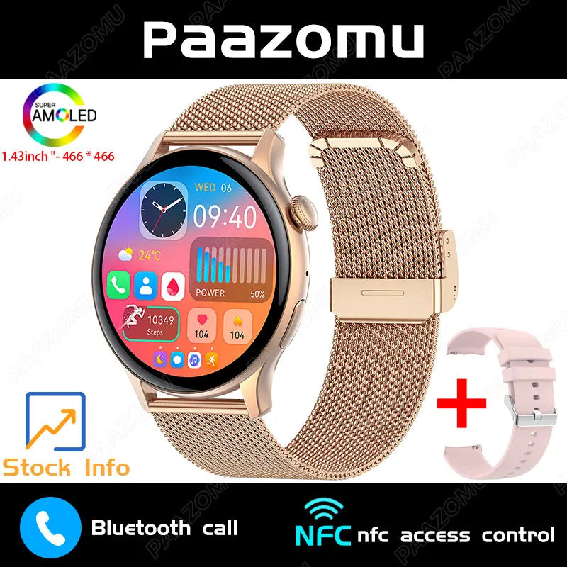 New Smart Watch Women 466*466 AMOLED Screen Always Display Time NFC Bluetooth Call Fashion IP68 Waterproof Sports Men Smartwatch