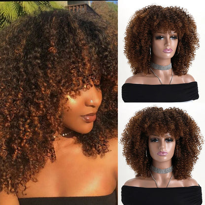 16 Inch Afro Kinky Curly Synthetic Hair Gradient Purple Wigs With Bangs Soft Fluffy Fiber  Wigs For Party Cosplay Daily Use