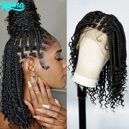 Knotless Box Braided Wigs with Curly Ends Synthetic Full Lace Boho Braided Lace Wigs Lace Frontal Braids Wig for Black Women