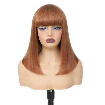 Short Bob Wig Human Hair With Bangs Straight Glueless Ready to Wear Go Wigs For Women Burgundy Machine Made Wig Brazilian Hair