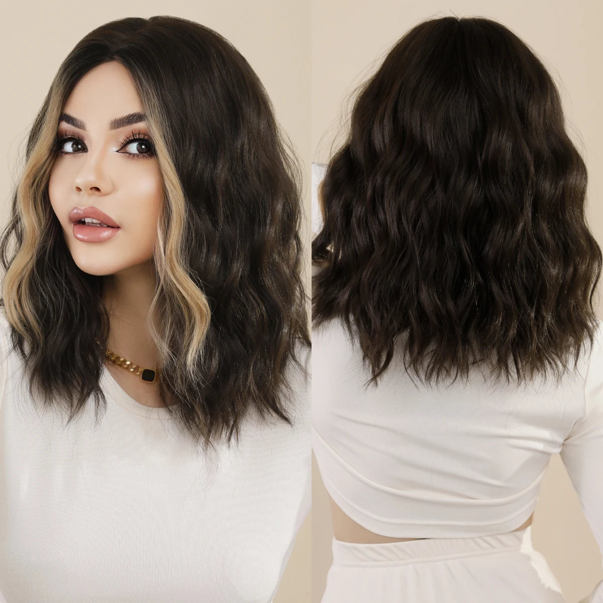 NAMM Ombre Blonde Wig for Women Daily Party Fluffy Bob Wig Natural Synthetic Hair Fashion Wig with Bangs Heat Resistant Fiber