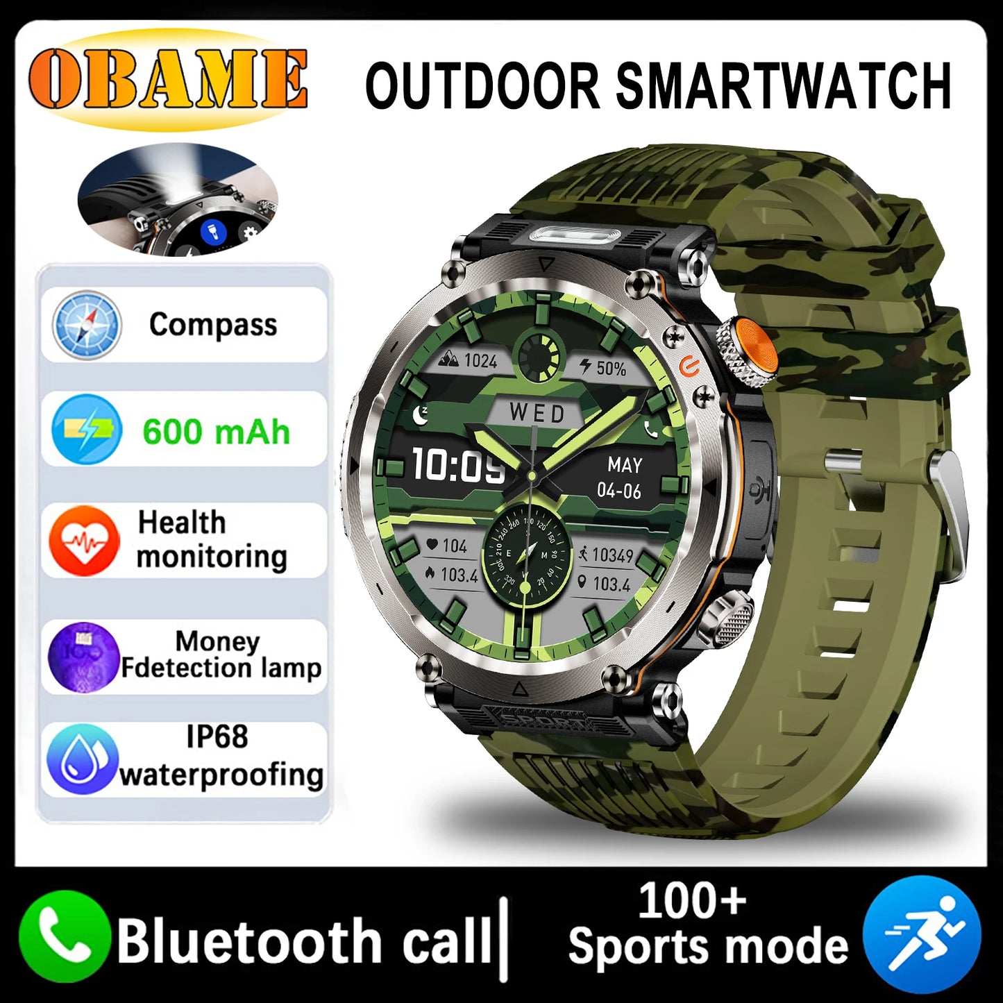 5ATM Waterproof Smart Watch Men 600mAh Outdoor SmartWatch GPS Compass Heart rate LED Flashlight Bluetooth Call Sports Smartwatch
