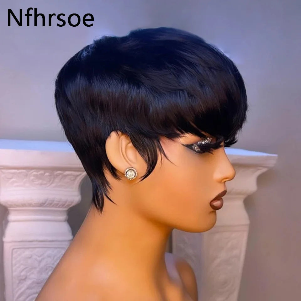 Pixie Cut Wig Human Hair Short Straight Bob Wigs For Black Women With Bangs Brazilian Virgin Hair Non Lace Front Cheap Wig Black