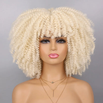Tereshar Synthetic Short Curly Wigs for Black Women Afro Wig With Bangs Short Afro Kinky Curly Wig for Daily Party Wear