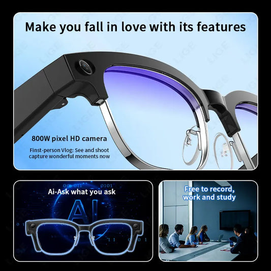 LIGE Languages Translation AI Smart Glasses 2025 8MP Camera Video Recording Sunglasses Bluetooth Call Music Play Men Women