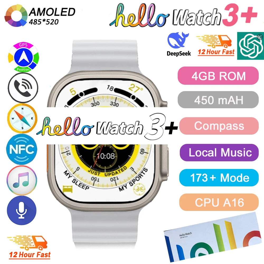 Hello Watch 3 Plus Gen 2 SmartWatch DeepSeek 2025 Original 49mm AMOLED 4G ROM NFC GPT Compass Photo Album Local Music Men Watch