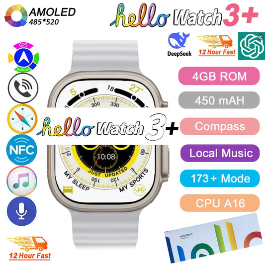 Hello Watch 3 Plus Gen 2 SmartWatch DeepSeek 2025 Original 49mm AMOLED 4G ROM NFC GPT Compass Photo Album Local Music Men Watch