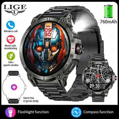 LIGE 760mAh Large Battery Outdoor Smart Watch Men 1.85 inch HD Screen GPS Compass Bluetooth Call IP68 Waterproof Smartwatch 2025