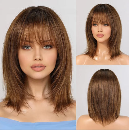 12 Inch Ombre Brown Wigs Human Hair for Women Short Straight Remy Human Hair Wigs With Bangs Brown Natural Hair Real Human Hair