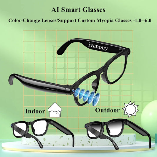 800W Camera Smart Glasses Prescription Color-change Lenses 16GB Memory AI Image Recognition 1080P HD Video Recording Eyeglasses