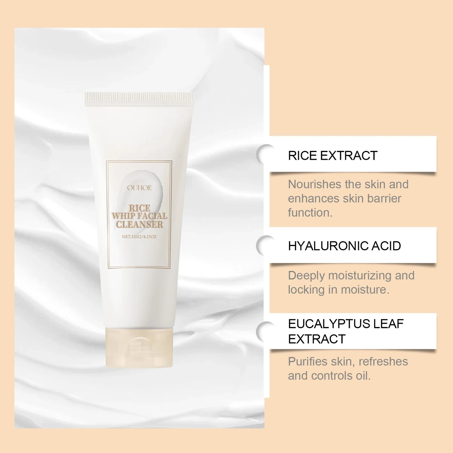 Rice Raw Pulp Facial Cleanser Face Wash Foam Pore Cleansing Moisturizing Exfoliation Brighten Skin Rejuvenation Makeup Remover