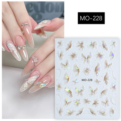 5d Embossed Nail Art Stickers Golden Lines Semi-Transparent Purple Blue Flowers Decals Decorations For Nail Tips Manicures