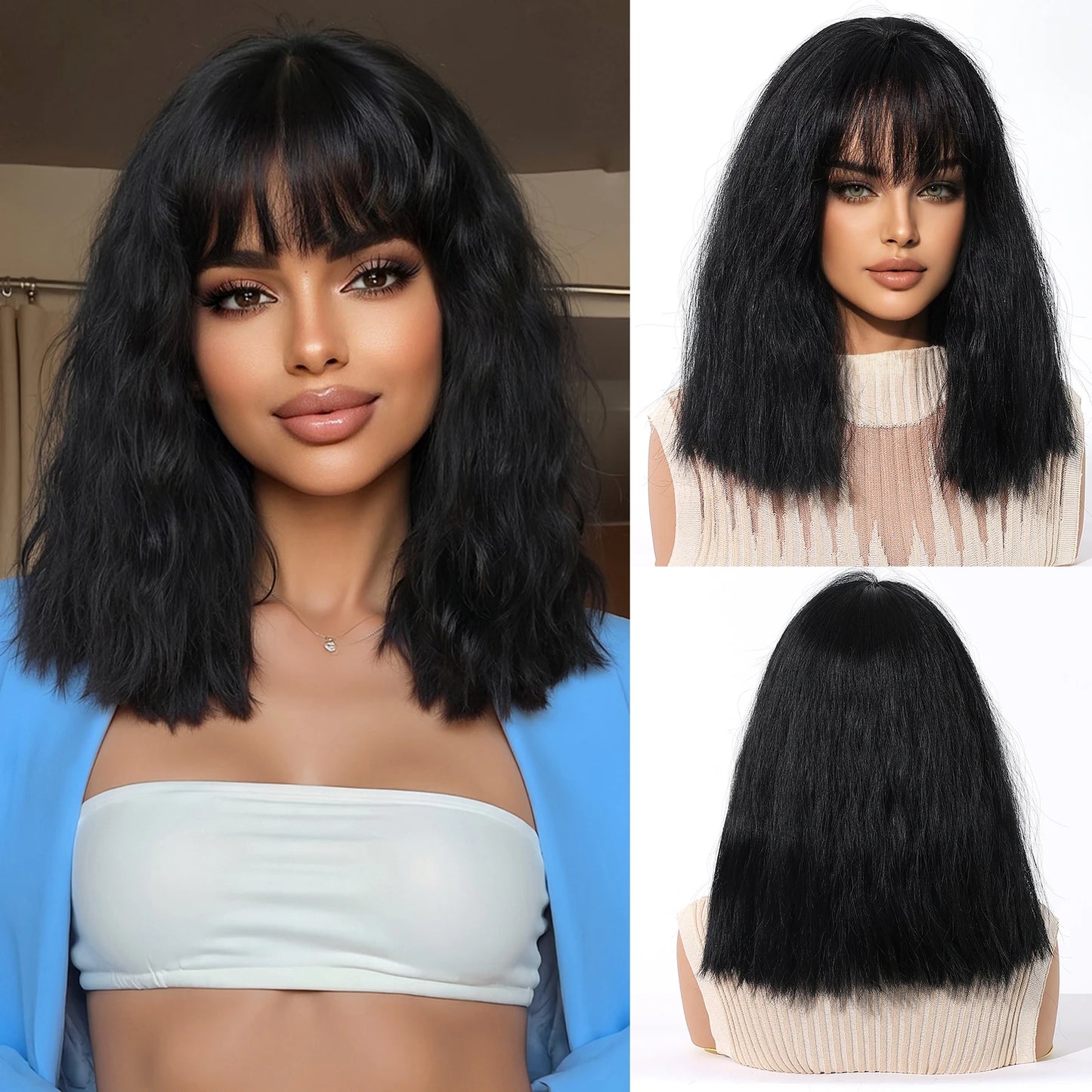 12 Inch Brown Bob Natural Wig Synthetic Cute Hair Short Wavy Curly Wig With Bangs For Women Daily Party Use Heat Resistant Fiber
