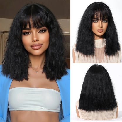 12 Inch Brown Bob Natural Wig Synthetic Cute Hair Short Wavy Curly Wig With Bangs For Women Daily Party Use Heat Resistant Fiber