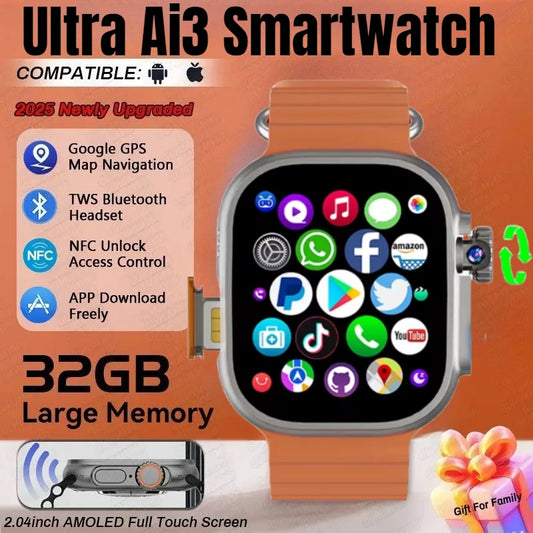 Original Ultra Ai3 Smartwatch with 4G Android Amoled HD Camera GPS WIFI Google Play Store Apps Games Bluetooth Smart Watch