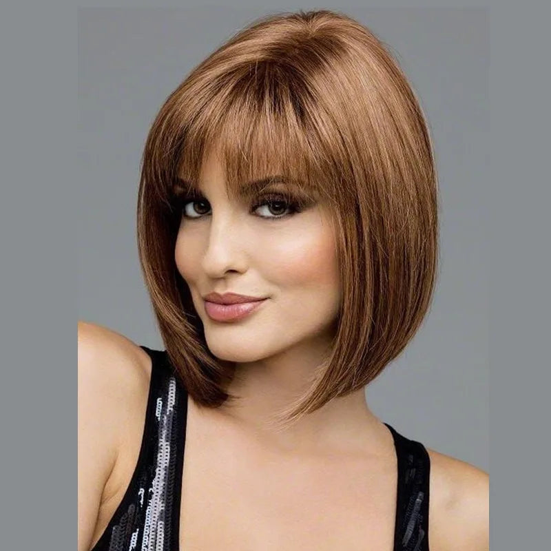 European Short Brown Wig: Trendy Layered Bob Hairpiece with Light Air Bangs for Natural Fashion Look - Synthetic Hairpiece