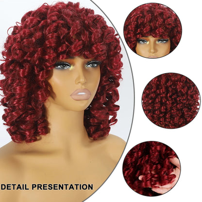Short Loose Red Curly Wig for Black Women Curly Afro Wig with Bangs Synthetic Fiber Natural Looking Glueless Hair for Daily Wear