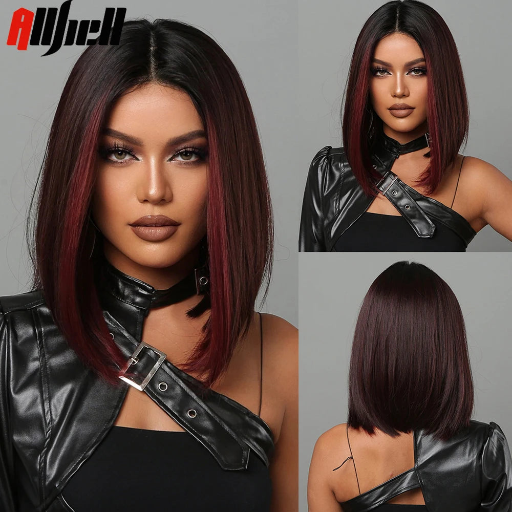Medium Length Chestnut Brown Synthetic Wigs Middle Part Wine Red Highlights Straight Wig Heat Resistant for Women Party Cosplay