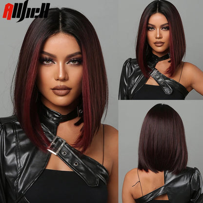 Medium Length Chestnut Brown Synthetic Wigs Middle Part Wine Red Highlights Straight Wig Heat Resistant for Women Party Cosplay