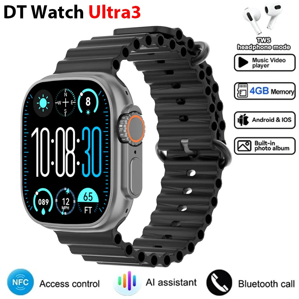 2025New DT Ultra 3 Pro Google map NFC Smartwatch 32G Memory Music Video NFC Bluetooth Call Waterproof Smartwatch For Android iOS