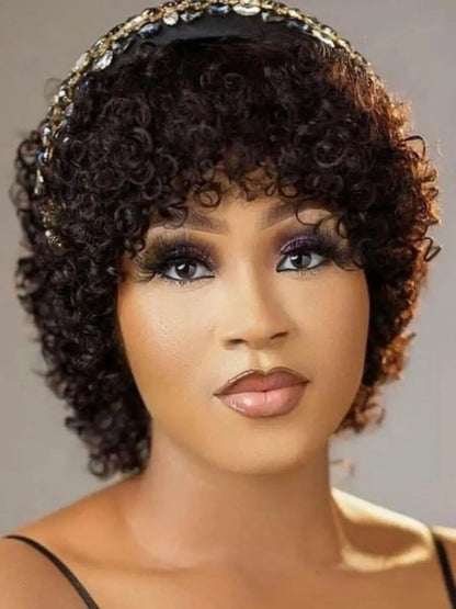 8 Inch Short Pixie Curly Bob Wig with Bangs Brazilian Human Hair Bouncy Curl Wig for Women Ready to Go Wig