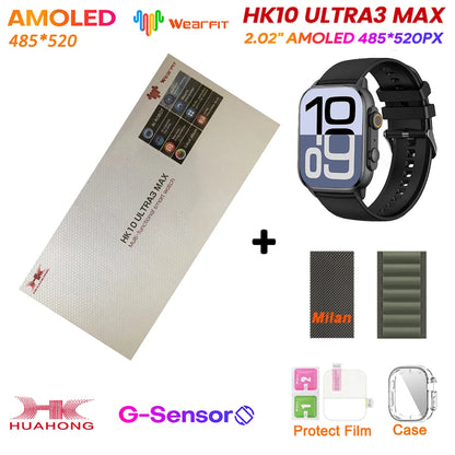 HK10 Ultra 3 MAX Plus 2025 Smart Watch 49mm AMOLED 4GB ROM AI ROBOT Network Sharing NFC GPT Compass GPS Watch for ISO Android