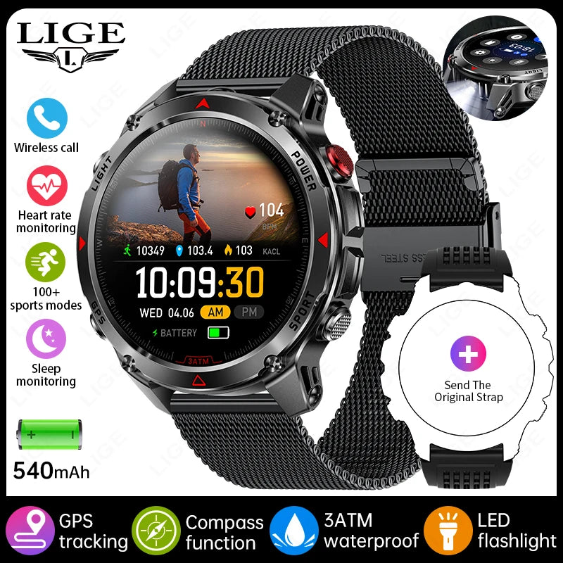 LIGE Outdoor Military Smart Watch Men 1.46" HD Screen Built-in GPS Compass Altimeter 3ATM Waterproof Clock BT Call SmartWatches