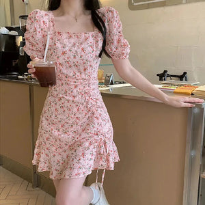 Sweet Women Floral Print Flower Dress Fashion Draw String Square Neck Puff Sleeve High Waist Mini Dress Summer Elegant Female
