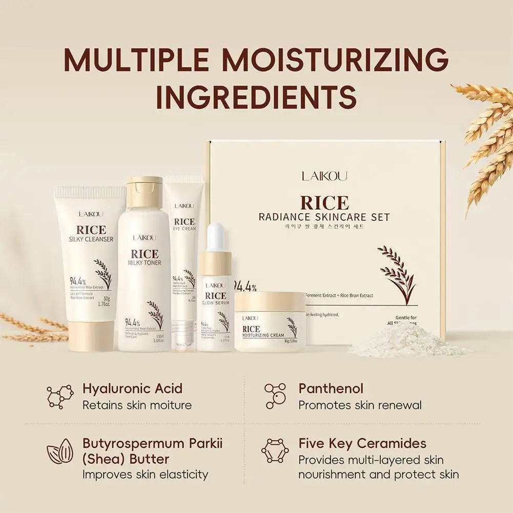 5PCS Rice Extract Skincare Set Moisturizing Facial Care Kit Cleanser Toner Serum Essence Eye Cream for Hydrating Glowing Skin
