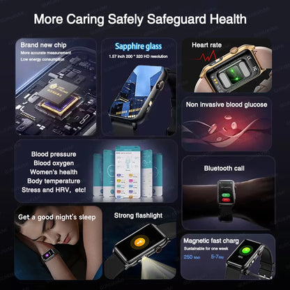 2025 New AI Medical Diagnosis Blood sugar Blood pressure Blood oxygen Smart Watch For Men Bluetooth Call LED Health Smart watch