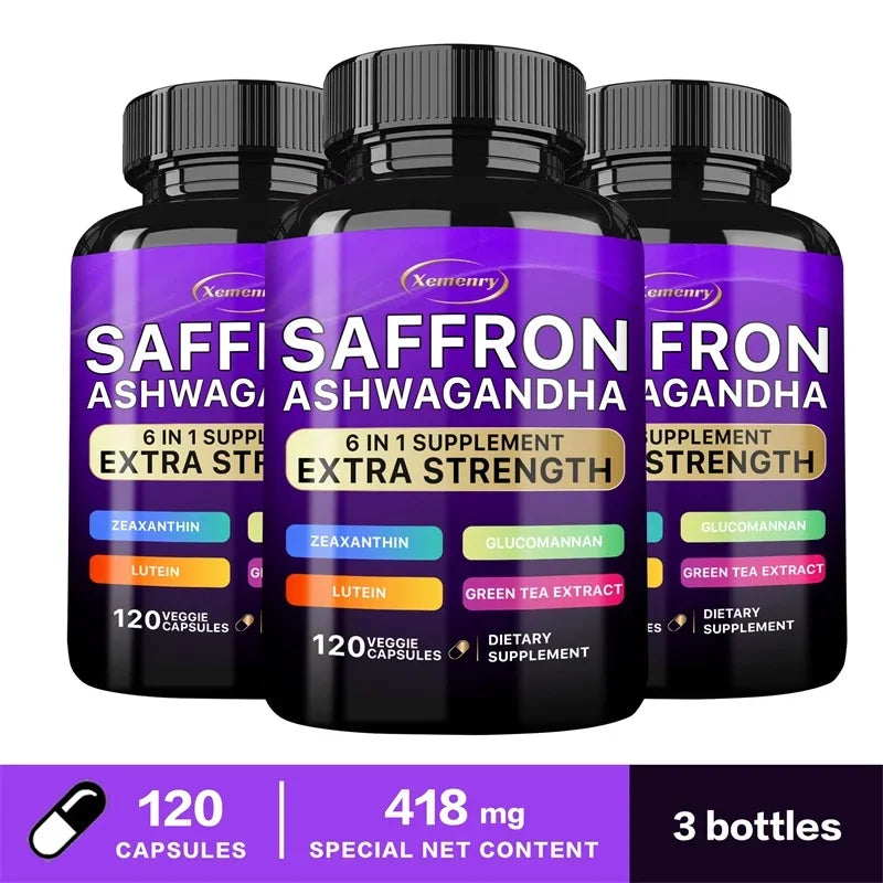 Saffron Supplement Glucomannan Ashwagandha Green Tea Extract Lutein and Zeaxanthin Extract Capsules - Improves Mood and Vision